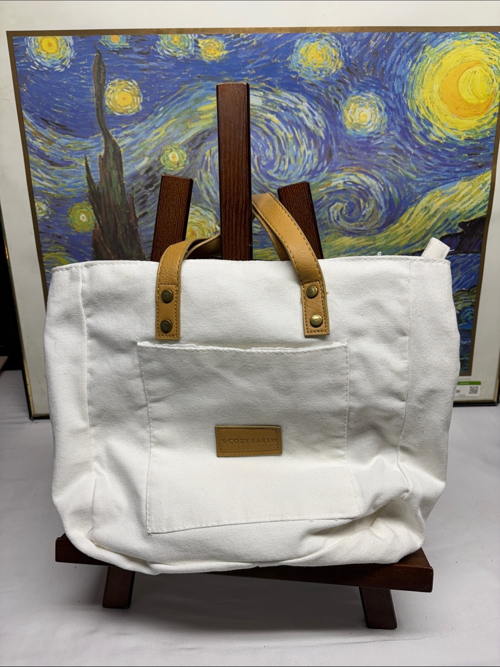 Cozy Earth White Canvas Tote with Tan Handles